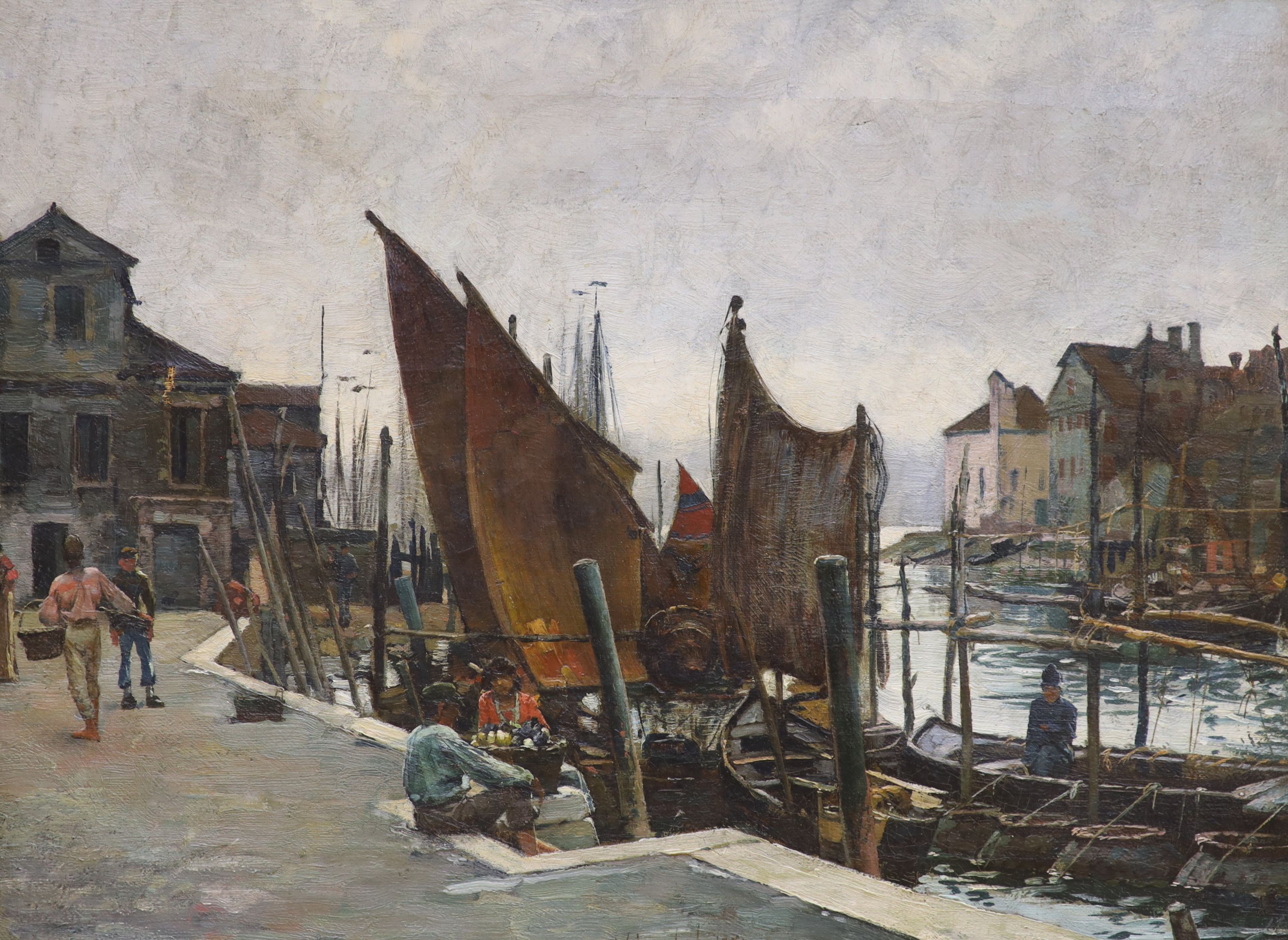 William Logsdail (1859-1944), oil on canvas, The docks at Antwerp, signed and DATED 1881, 30 x 41cm